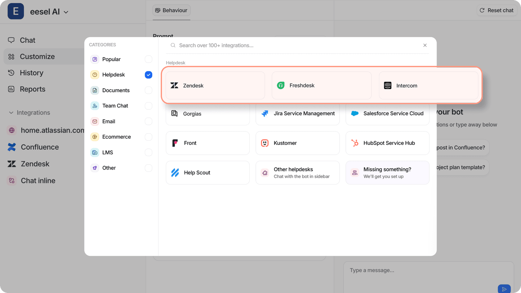 Screenshot of eesel AI’s integration panel showing helpdesk platforms such as Zendesk, Freshdesk, and intercom