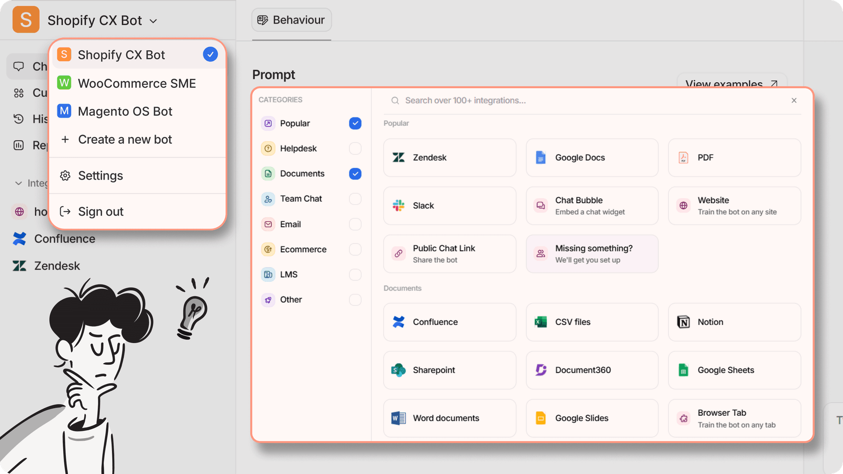 Screenshot of the eesel AI dashboard showing a dropdown of multiple bots and a knowledge base panel, highlighting how bots can be trained using actual tickets and documents for smarter Shopify support automation.