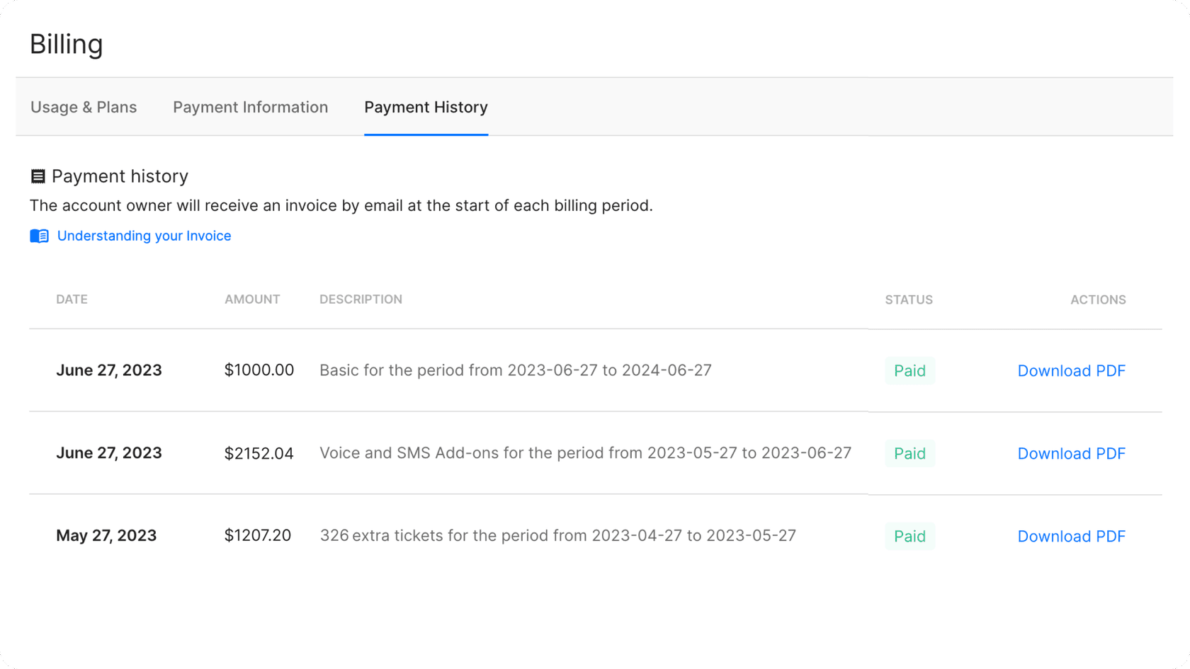 Screenshot of Gorgias billing/invoice history page