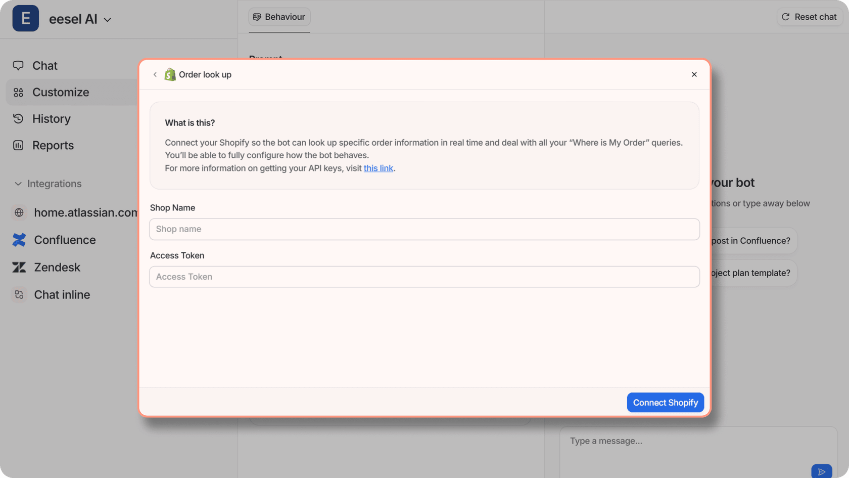 Screenshot of eesel AI’s integration dashboard highlighting the one-click Shopify connect interface, showing how the platform simplifies Shopify support automation.