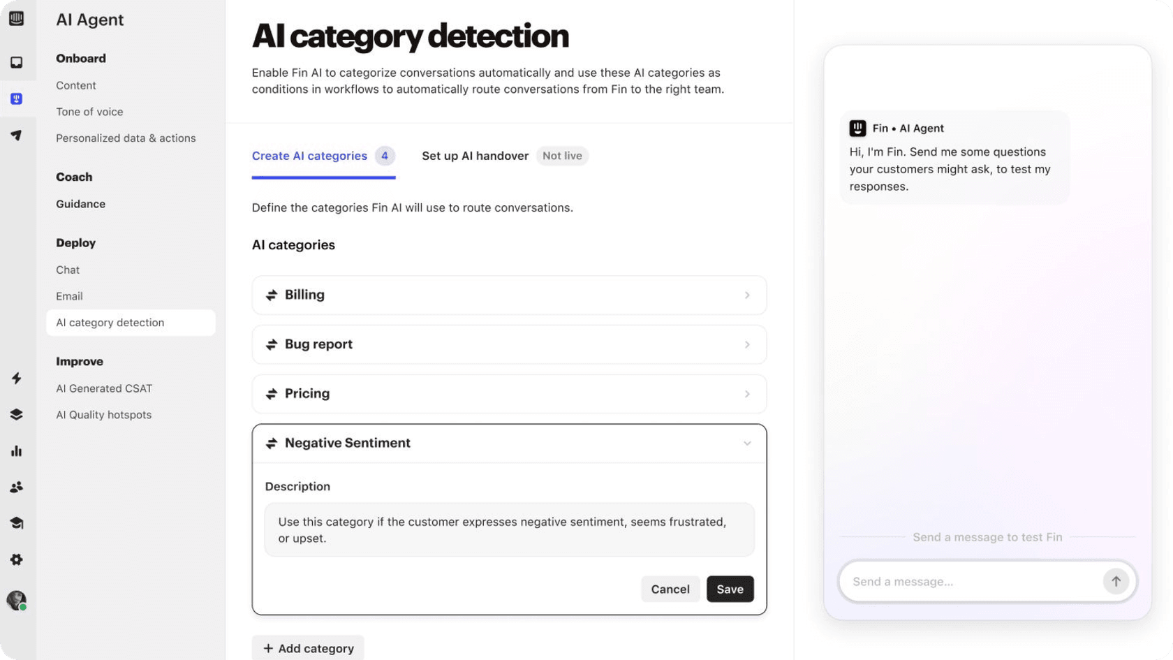 A screenshot Fin’s AI trigger settings panel called AI category page.