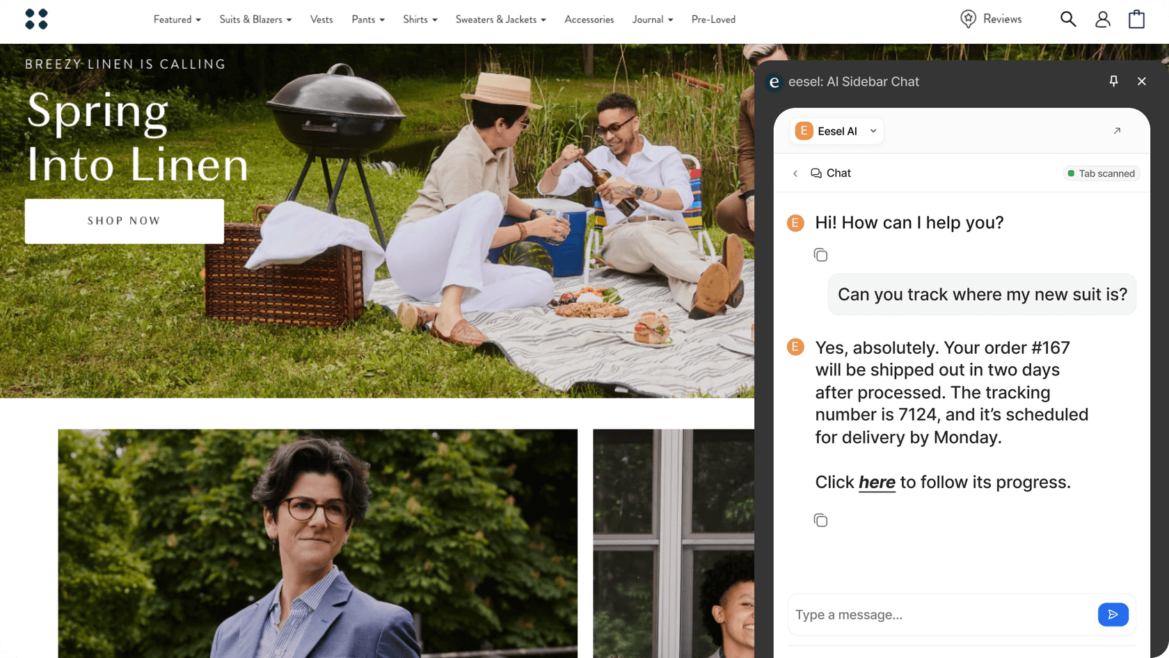 Screenshot of a website and then a chat box in the lower righthand side.