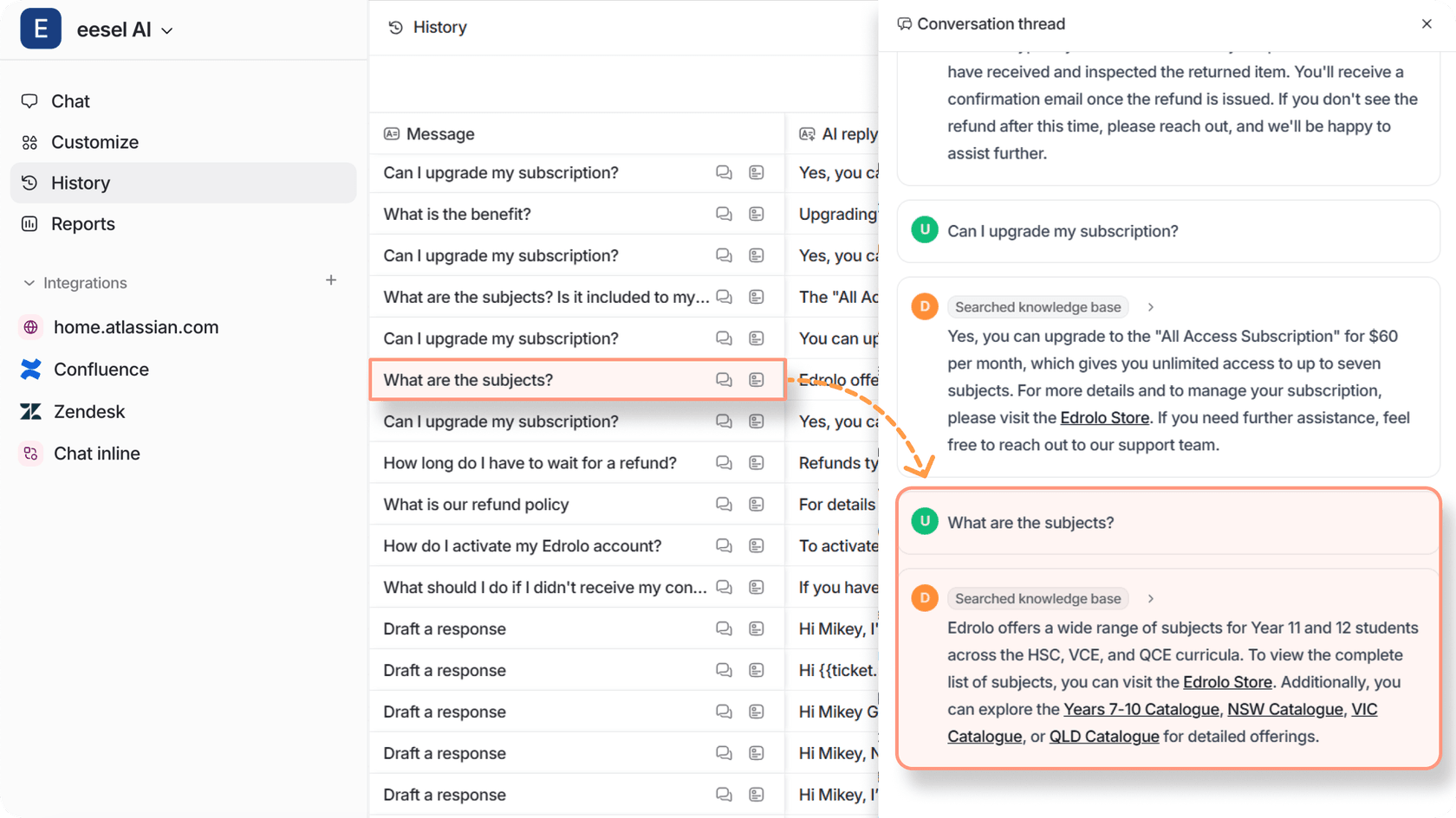 Screenshot of the eesel AI's history tab with a conversation thread opened and a message highlighted, showing how AI knowledge base software uses past tickets to create content.