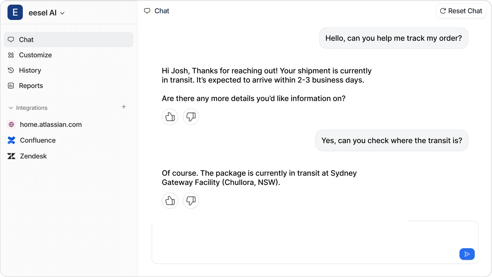 Screenshot of an eesel AI chatbot simulating a personalized order tracking conversation, showing how AI e-commerce customer support can mirror real agent interactions.