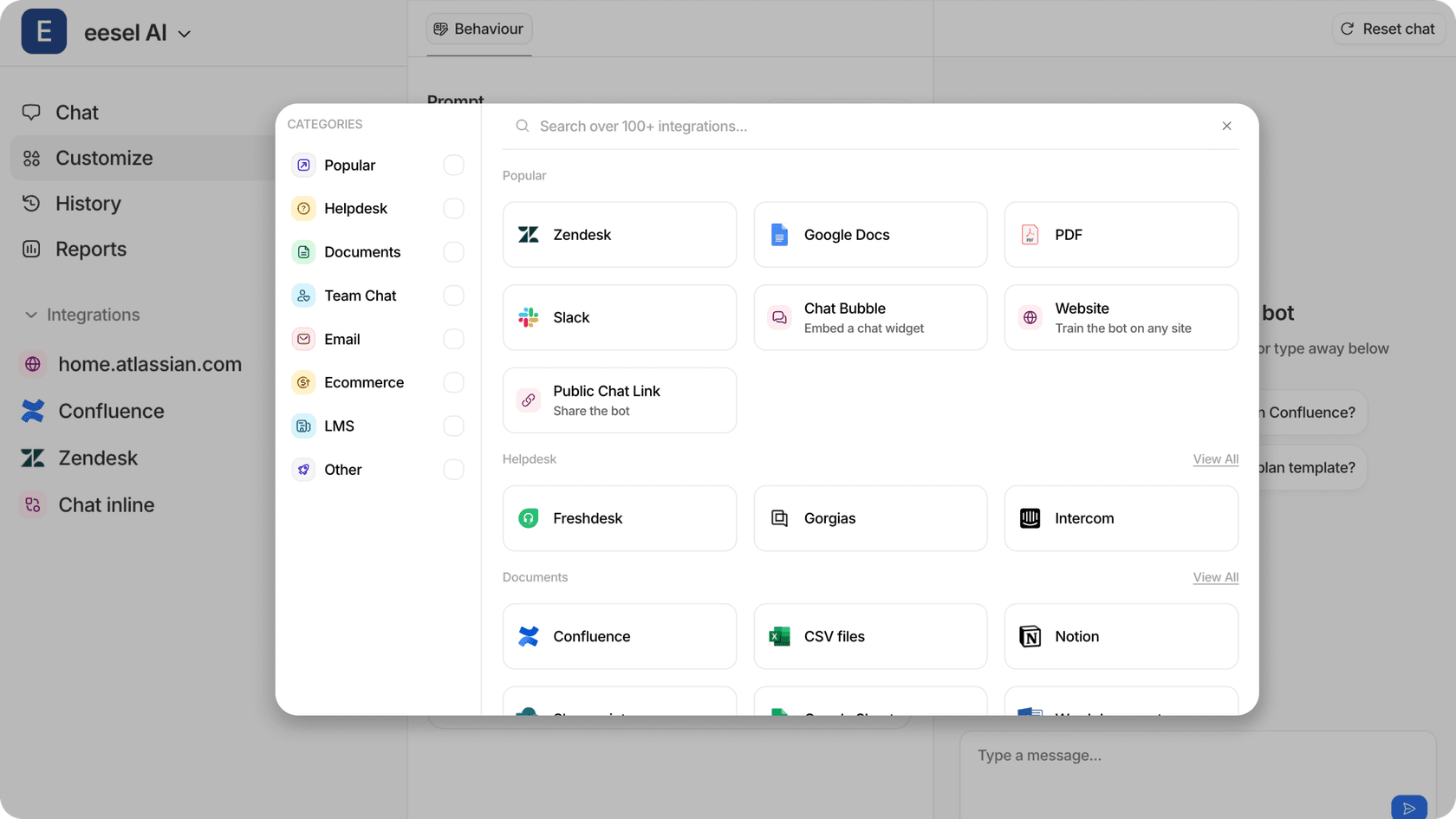 Screenshot of eesel AI integration dashboard