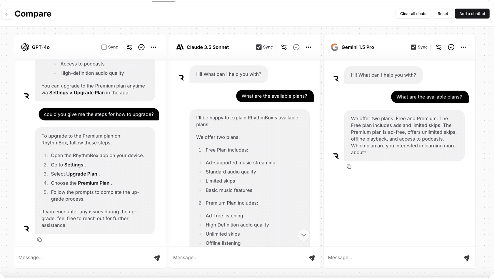 Screenshot of the Chatbase model comparison tab showing GPT-4o, Claude 3.5 Sonnet, and Gemini 1.5 Pro, illustrating how different AI models affect message credit usage.