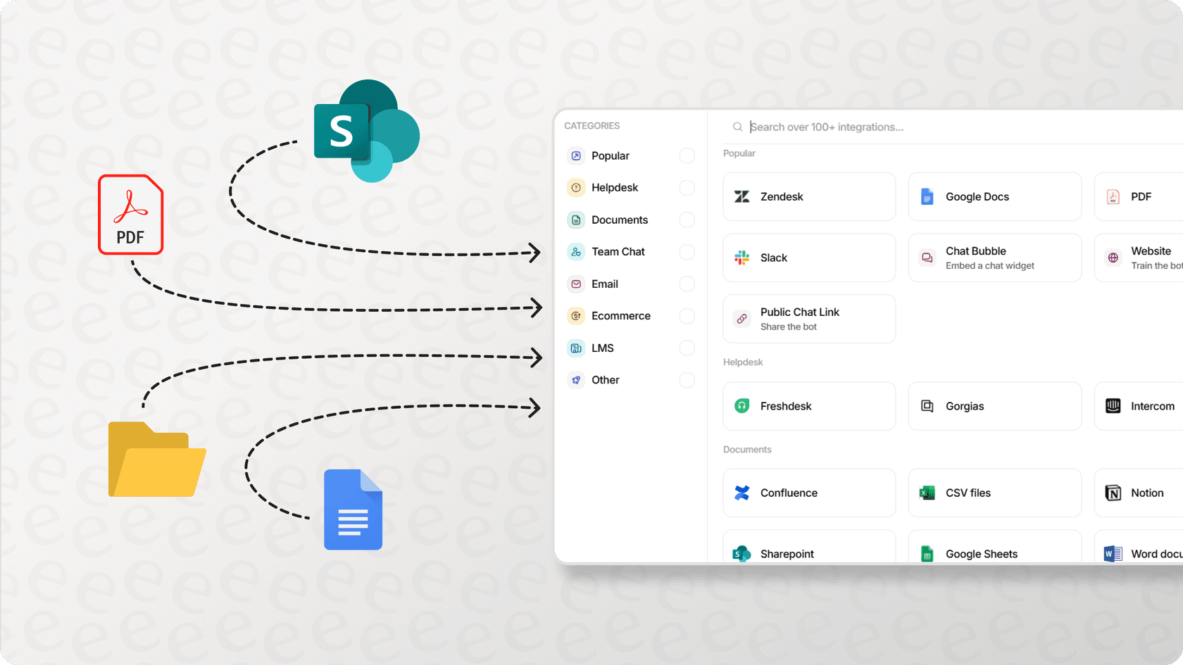 Illustration showing icons of PDFs, folders, and files on the left with an arrow pointing toward the eesel AI knowledge base panel. The image represents how support content is imported into the platform for training and automation.