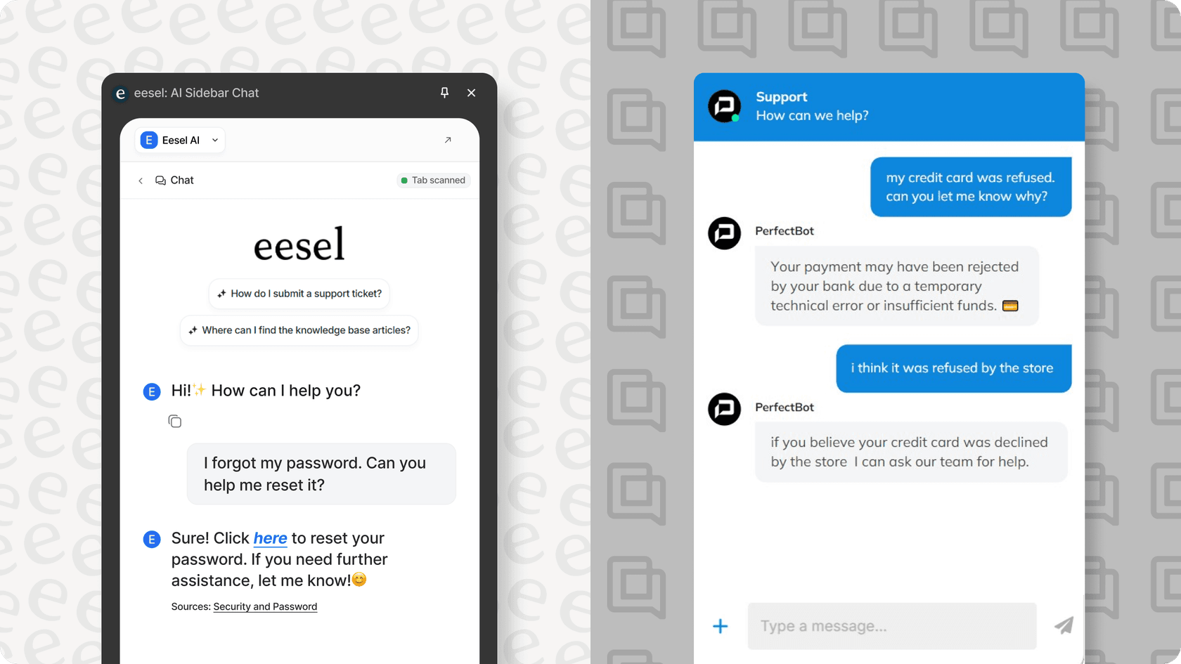 Split-screen comparison of Gorgias and eesel AI app
