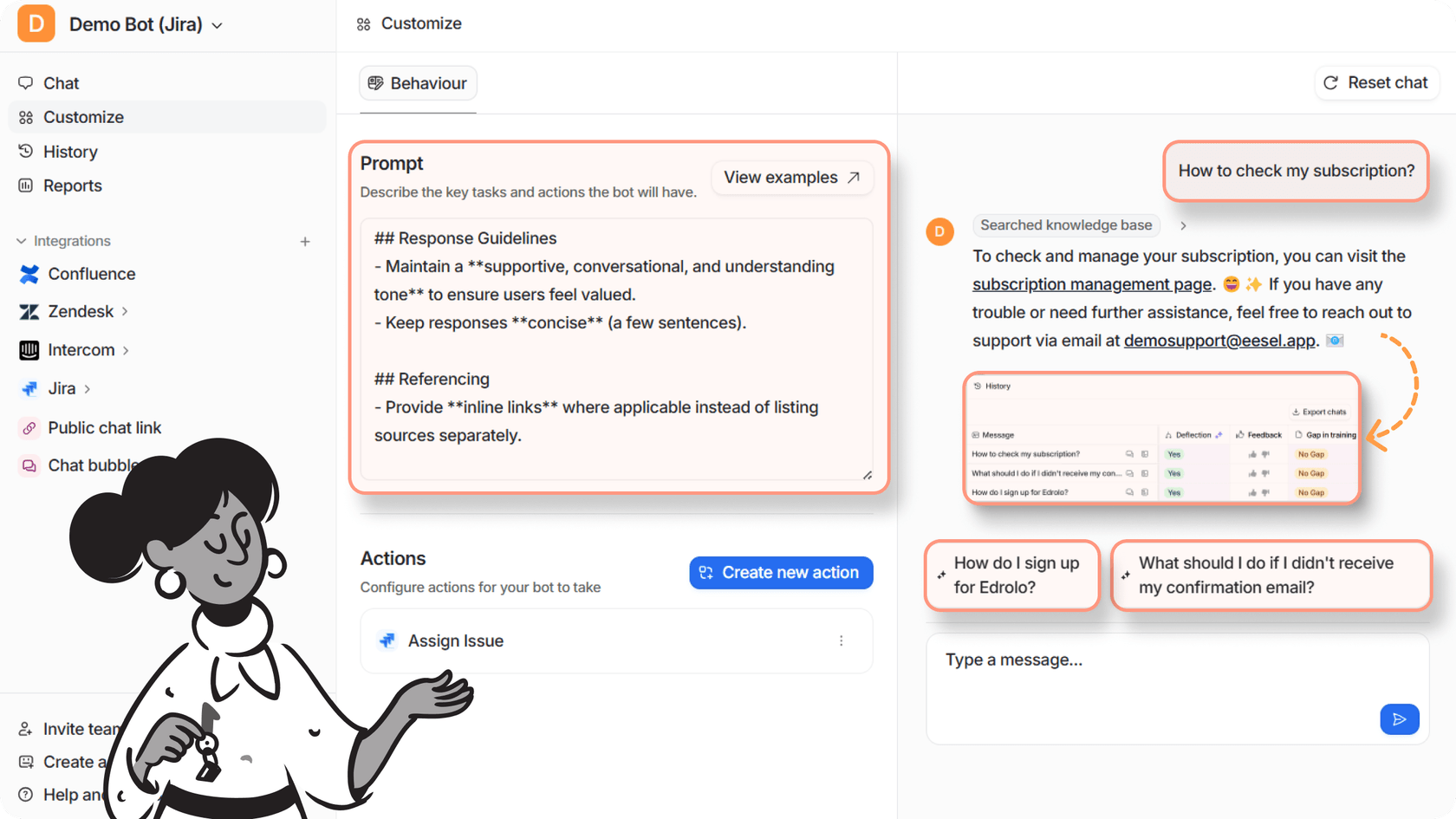 Screenshot of the eesel AI dashboard showing training progress, sample test cases, and response review tools used to refine chatbot behavior before going live.