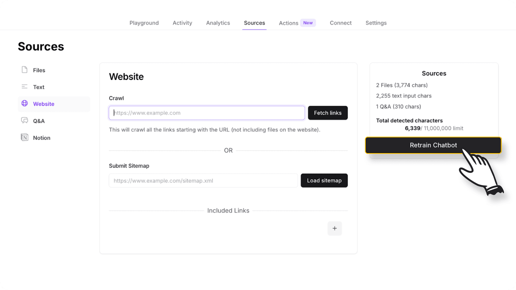 Screenshot of the Chatbase dashboard showing the Sources: Website page with the “Retrain bot” button highlighted, indicating that updates to content require manual retraining.