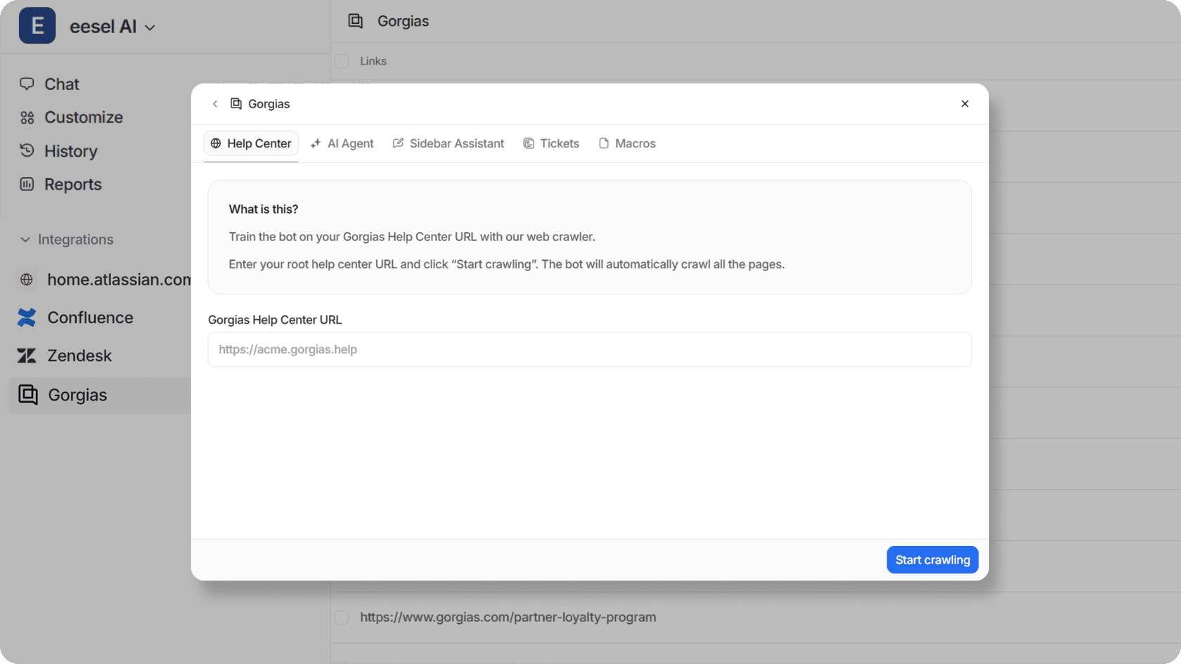 eesel AI’s dashboard showing Gorgias help center tab.