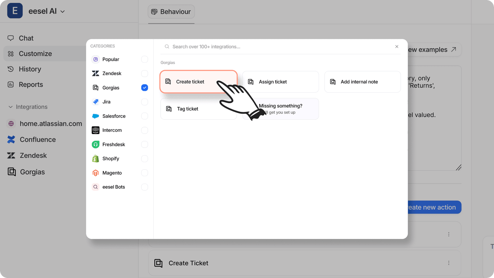 Screenshot of eesel AI customize panels’ create new action button and Gorgias new ticket creation option.