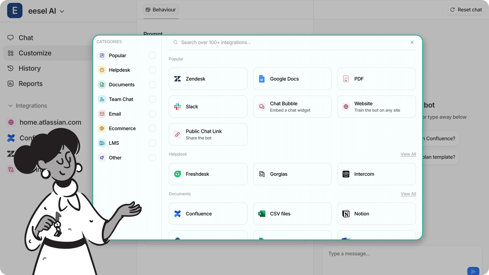 Screenshot of eesel AI’s integrations page, showing built-in connectors for help desks, knowledge bases, and internal tools to streamline AI e-commerce customer support setup.