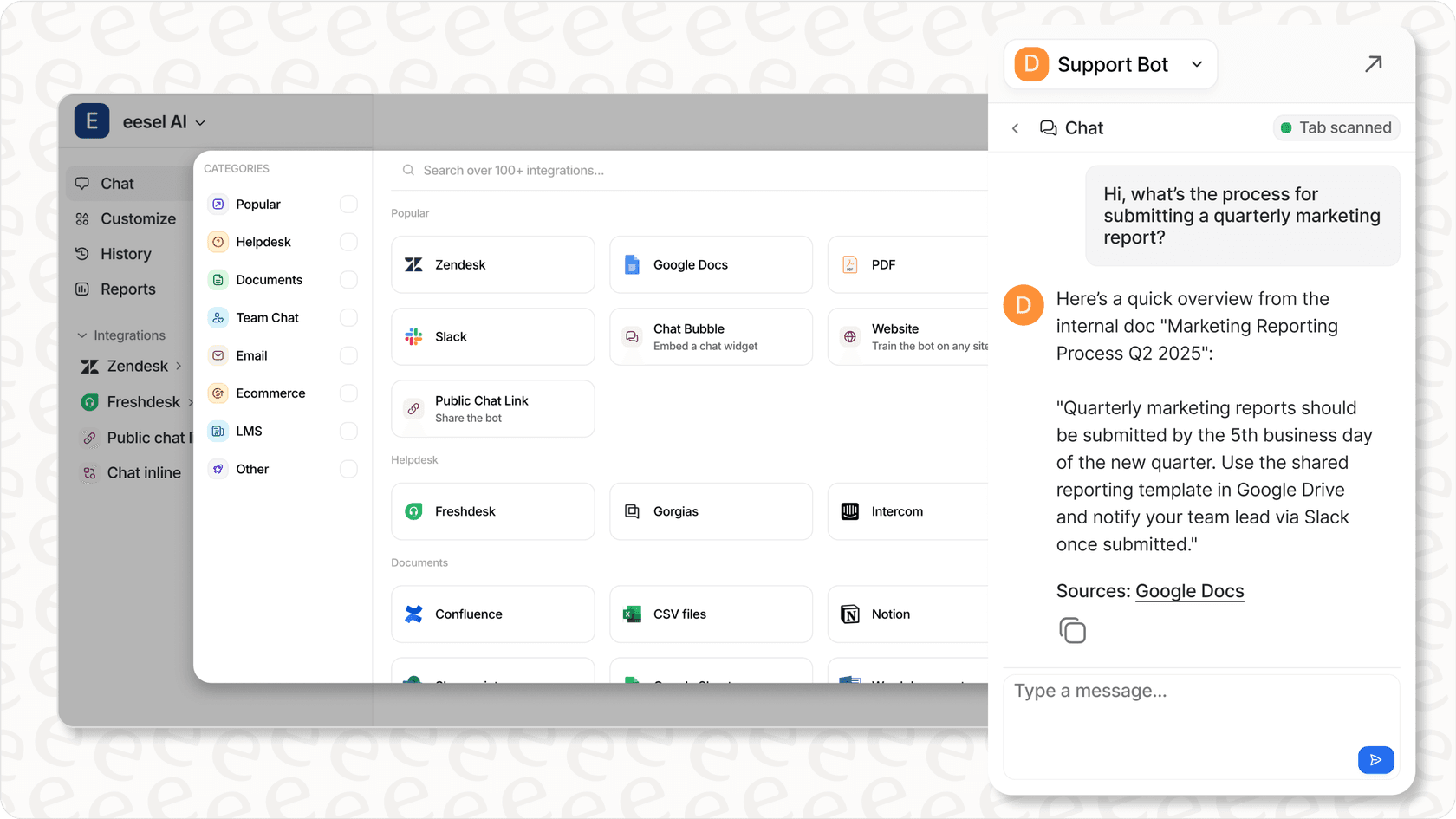 Image of eesel AI Jira AI plugins dashboard showing integrations and bot configuration options.