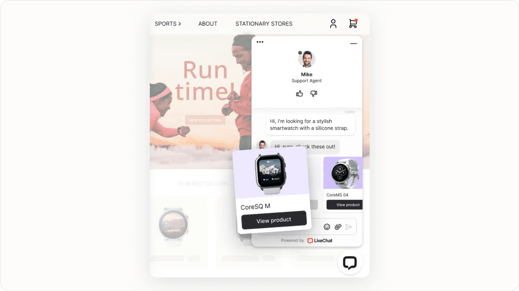 Screenshot of a Shopify store website showing a live chat widget icon in the corner, representing a Shopify AI agent ready to help customers.
