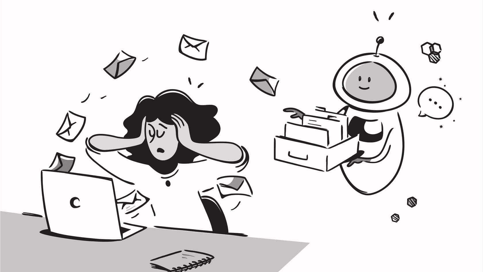 Illustration showing AI helping a person manage a large volume of emails in their inbox, representing AI for Gmail.