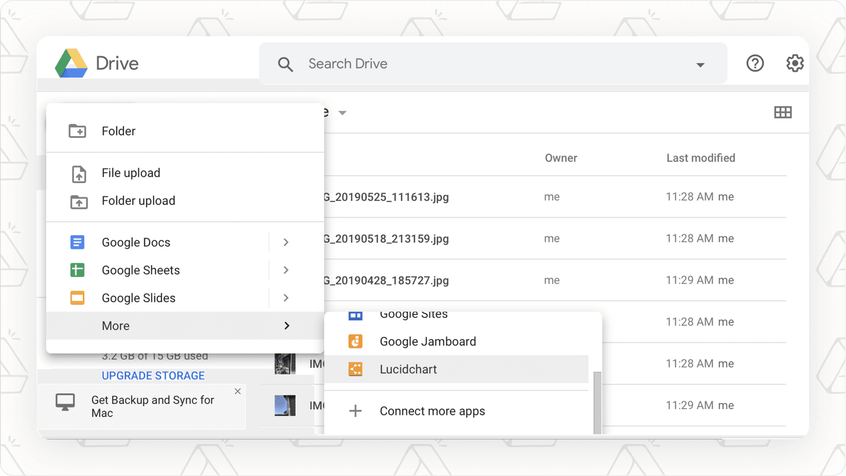 Screenshot of Google Drive interface showing files and search bar, illustrating Google Drive AI capabilities.