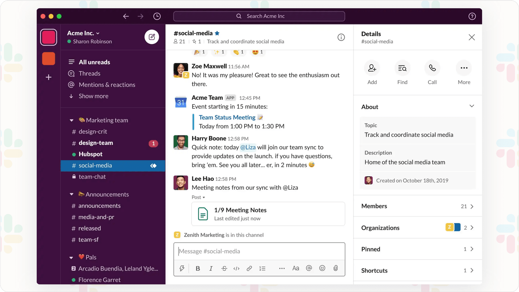 Screenshot of Slack workspace for Slack AI training context