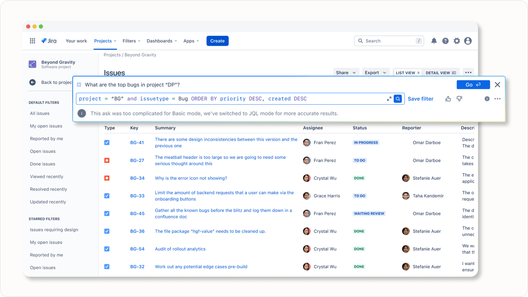 Image of Atlassian Intelligence Jira AI plugins feature showing suggested JQL query.