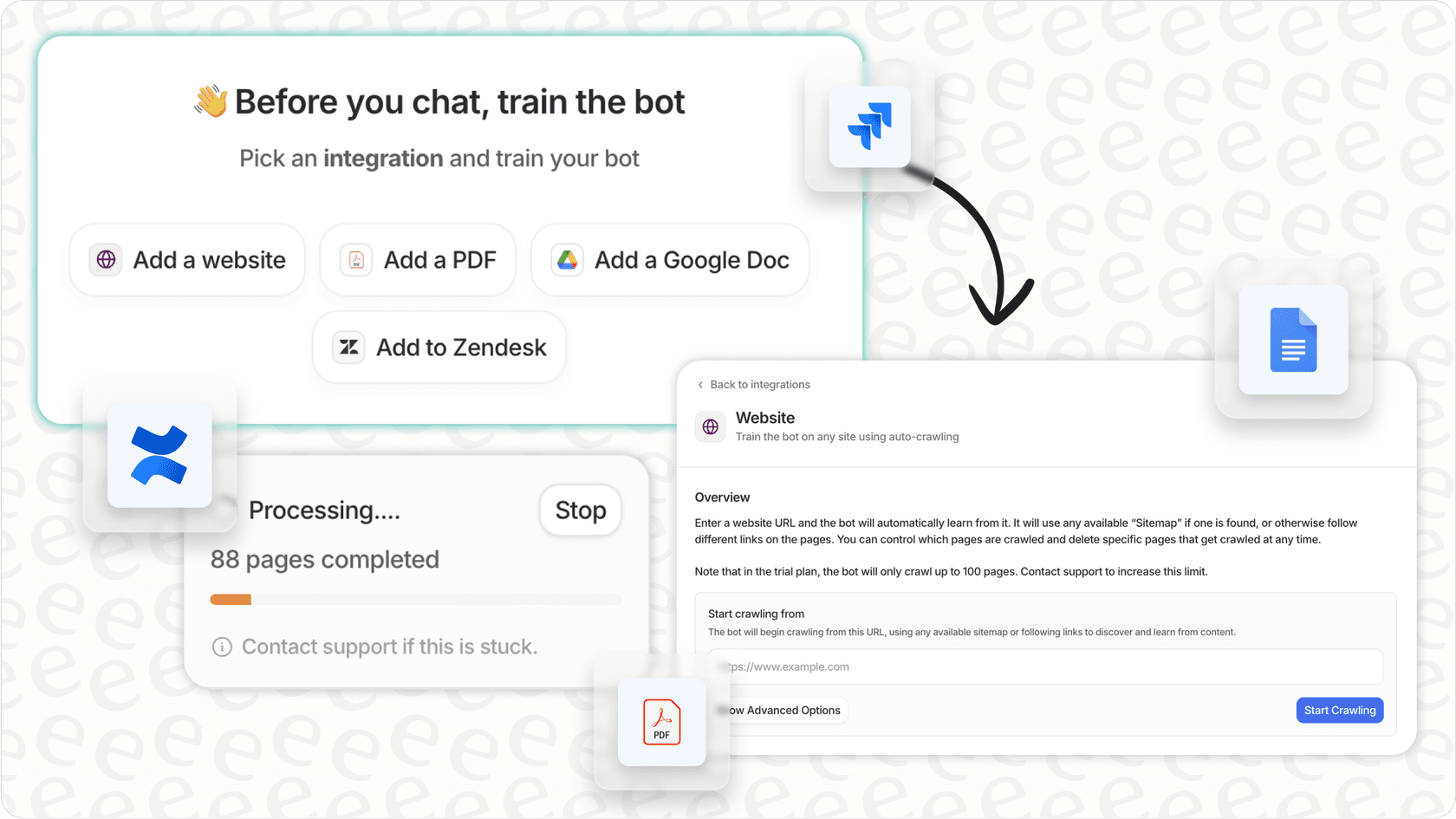 Screenshot of the eesel AI dashboard, showing options for managing support bots and integrations, illustrating the interface for selecting and setting up a Shopify AI agent platform.