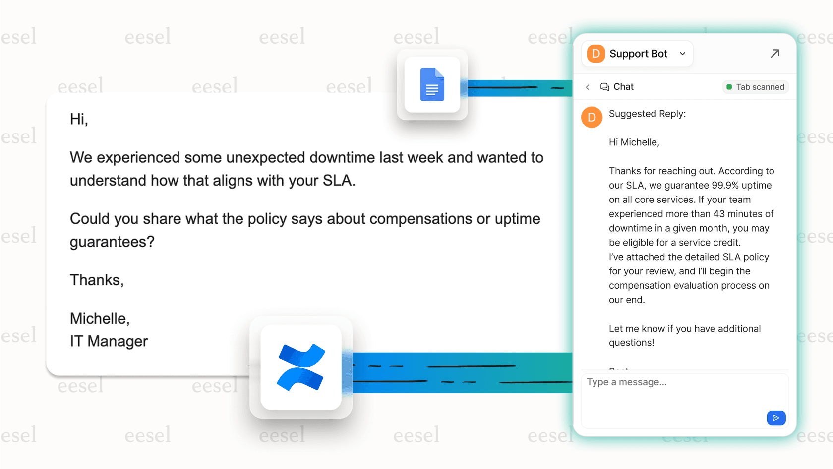 Screenshot of the eesel AI Assistant browser extension helping draft a response within a support ticket, showcasing AI for Gmail workflows.