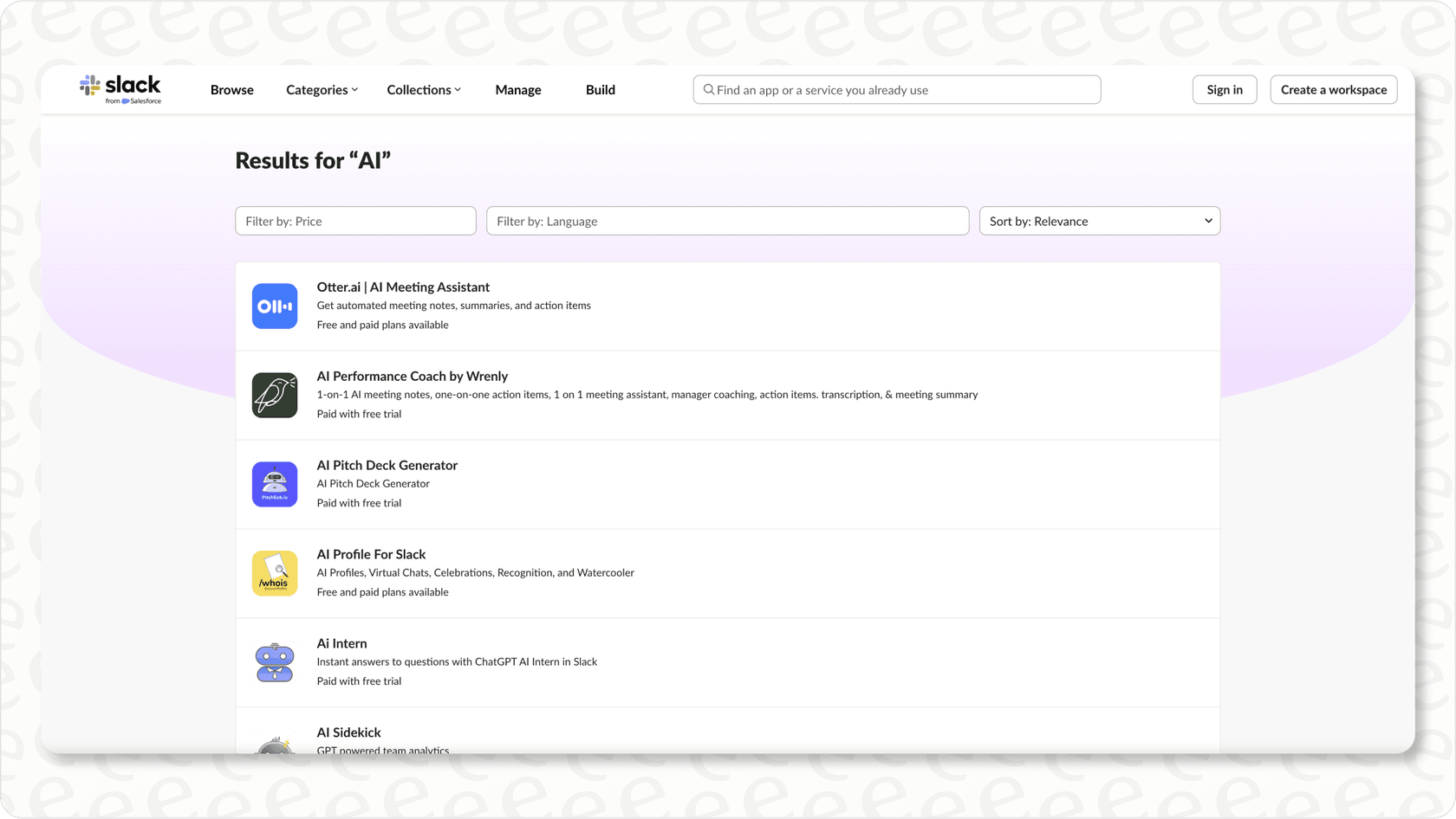 Screenshot showing Slack AI apps search results.