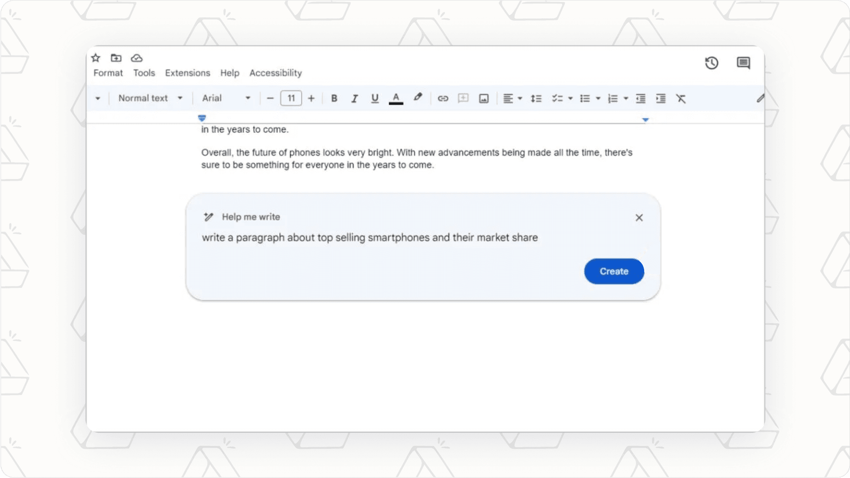 Screenshot of Google Docs 'Help me write' feature, demonstrating Google Drive AI content creation.