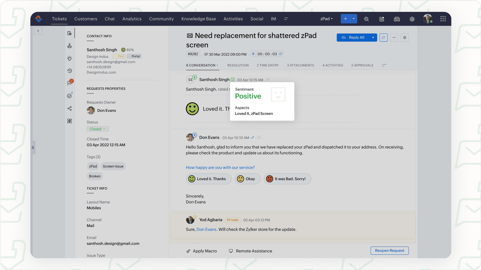 Screenshot of Zoho Desk interface showing Zia AI sentiment analysis feature, relevant to Zohodesk AI pricing.