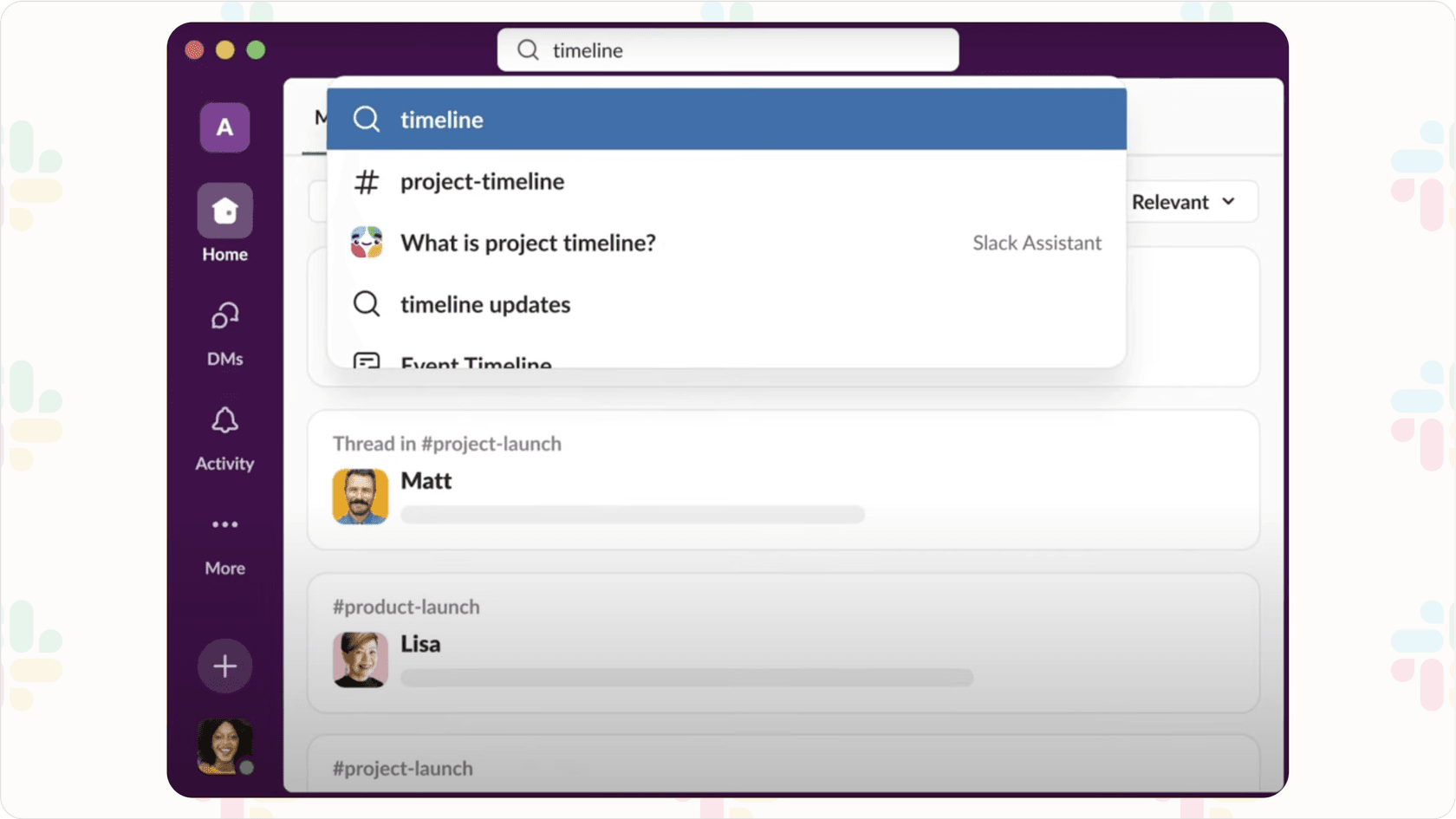 Screenshot of Slack search results showing features related to Slack AI training