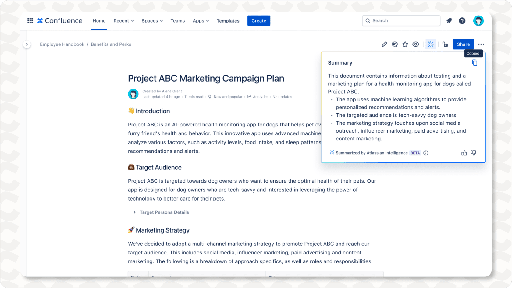 Image of Atlassian Intelligence Jira AI plugins feature showing a summary of a Confluence page.
