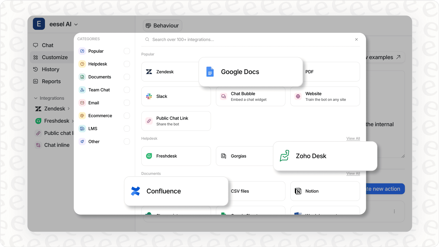 Screenshot of the eesel AI interface for training the AI agent, showing options to connect sources like help centers, documents, and past tickets to build the Shopify AI agent's knowledge.
