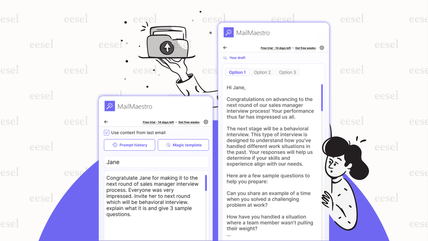 Screenshot of the MailMaestro extension interface integrated into Gmail, showing options for AI email drafting, demonstrating AI for Gmail capabilities.