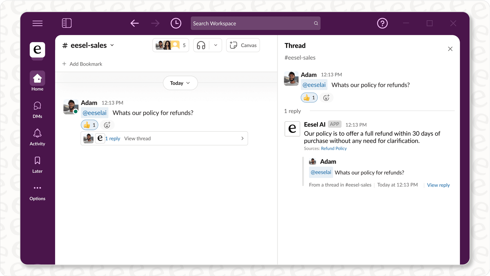 Screenshot showing eesel AI Teammate bot providing an answer from internal knowledge in a Slack channel, demonstrating Slack AI integration.