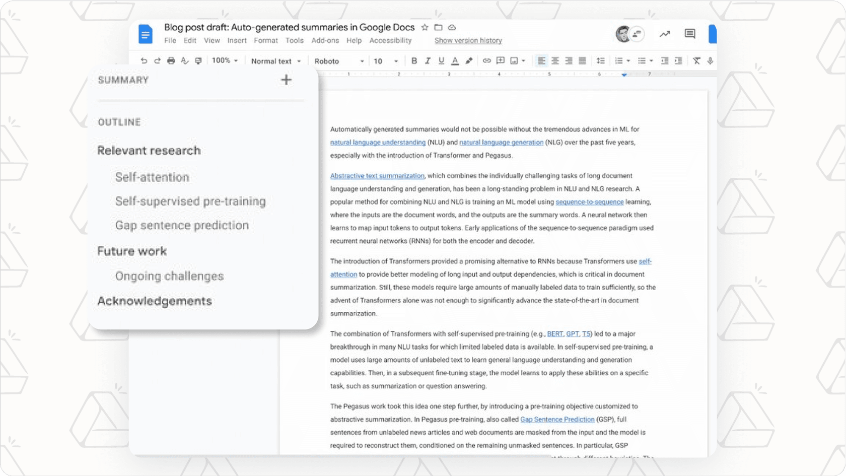 Screenshot of Google Docs summary feature, illustrating Google Drive AI summarizing content.
