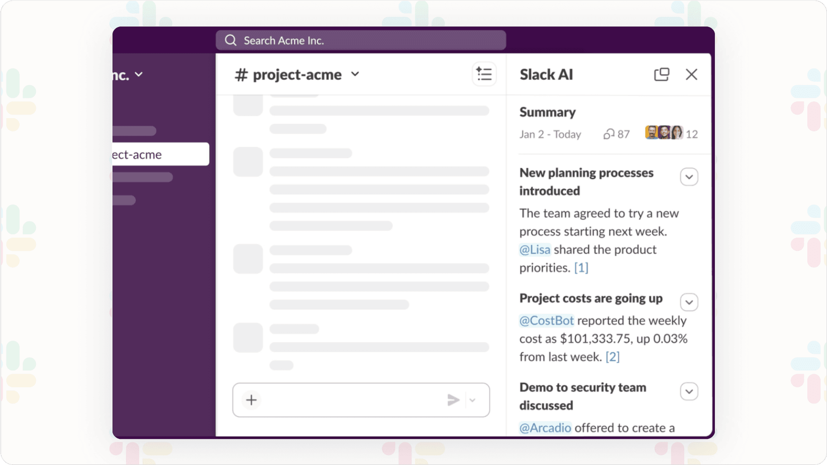 Screenshot showing a Slack channel with a summary block displayed.