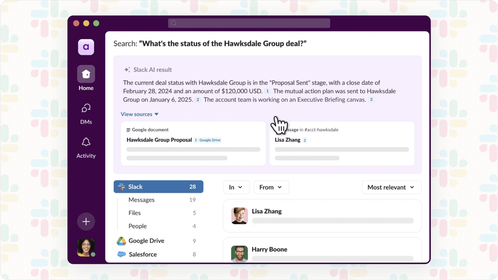 Screenshot showing Slack AI pricing feature for faster search using natural language queries.