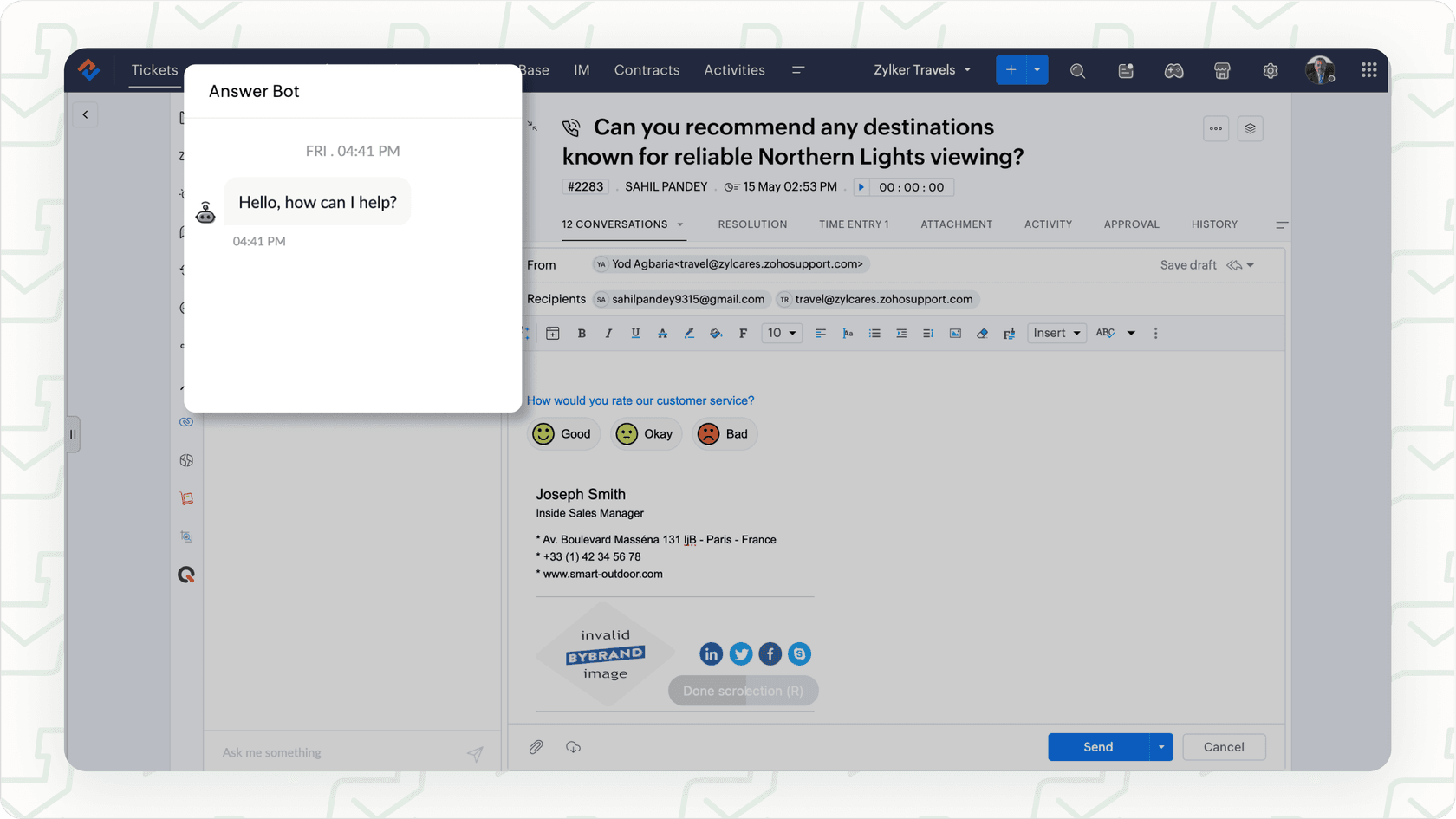 Screenshot of Zoho Desk Answer Bot configuration or customer view, relevant to Zohodesk AI pricing.