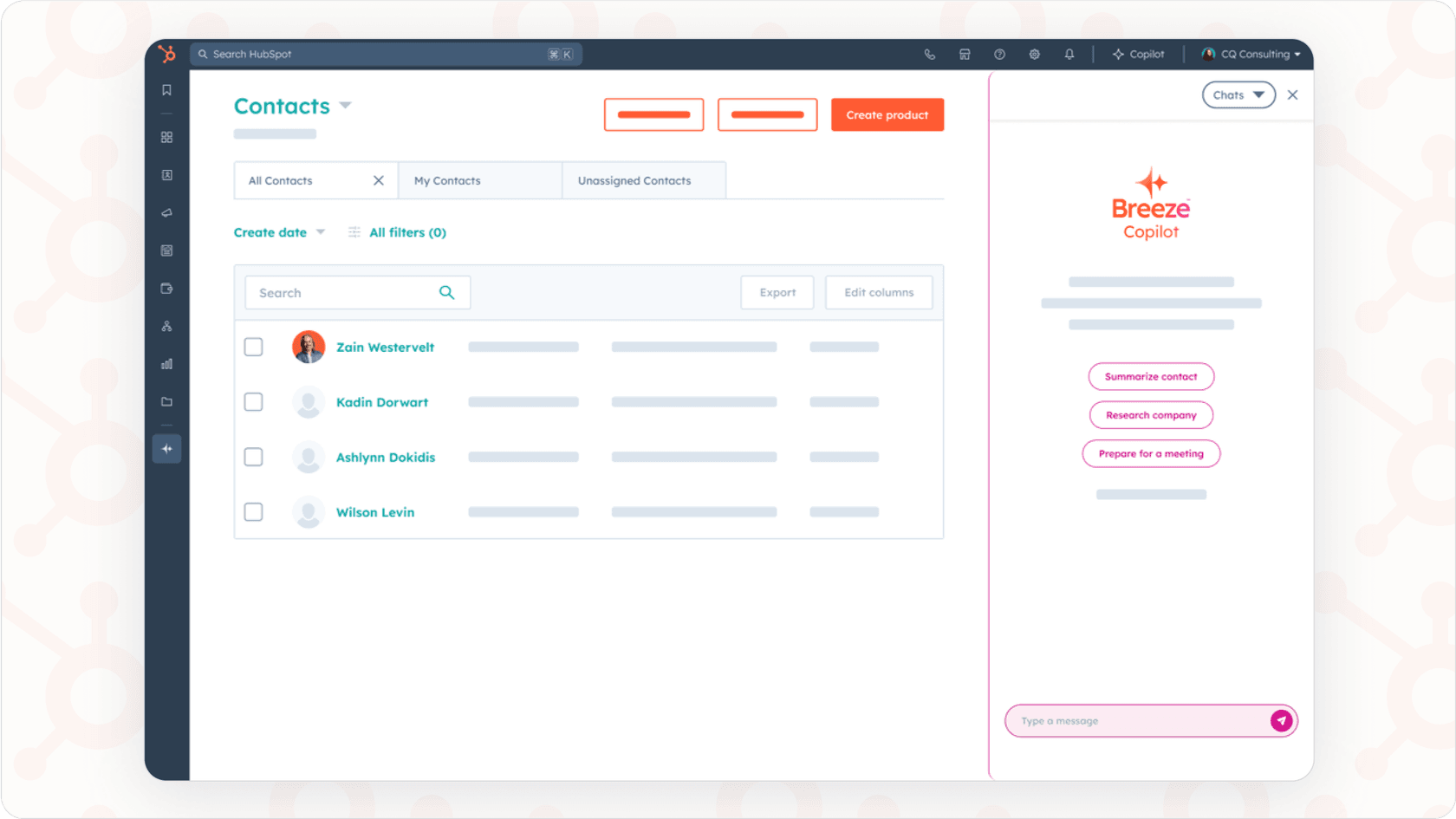 Screenshot showing the user interface of Breeze Copilot within HubSpot, demonstrating how users interact with the AI assistant for tasks like drafting content or summarizing information using Hubspot AI.