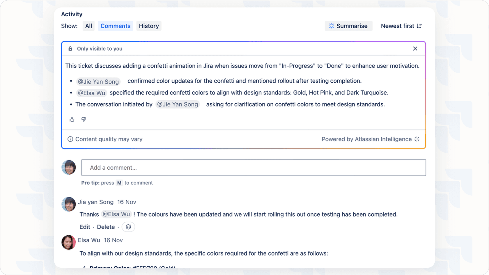Jira Service Management AI Summarize Issue feature in ticket view