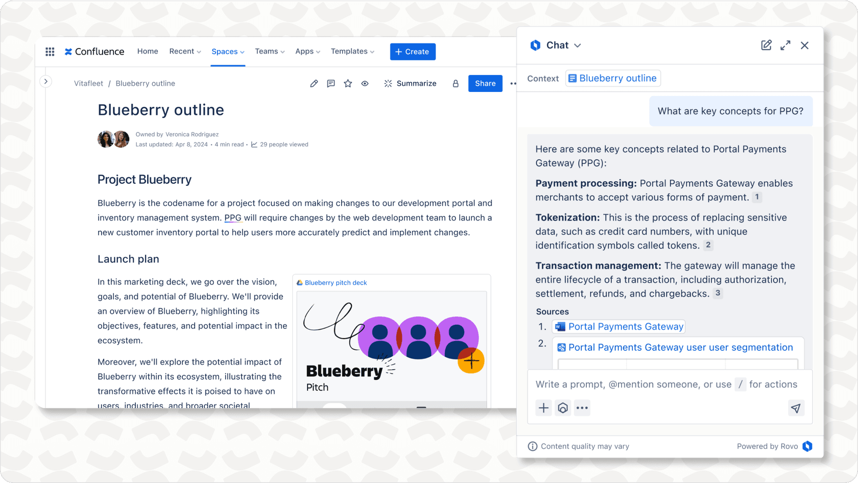 Image of Rovo Jira AI plugins interface showing chat interaction from Atlassian data. 