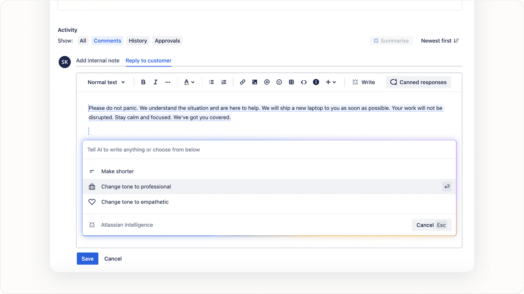 Jira Service Management AI Generate and Transform Content feature in the editor