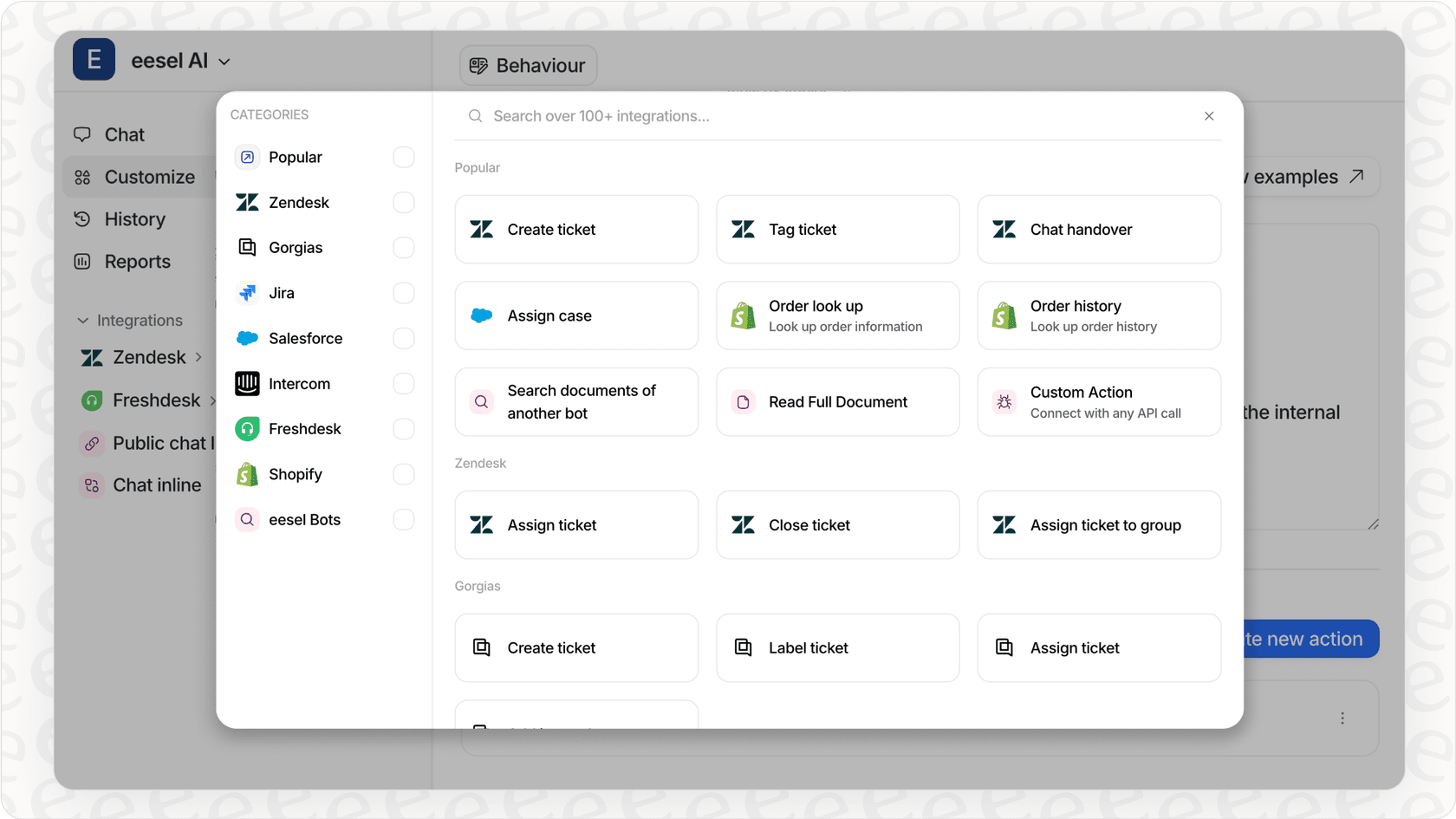 Screenshot of the eesel AI integrations page, displaying connections to platforms like Shopify and popular helpdesks, essential for a functional Shopify AI agent.