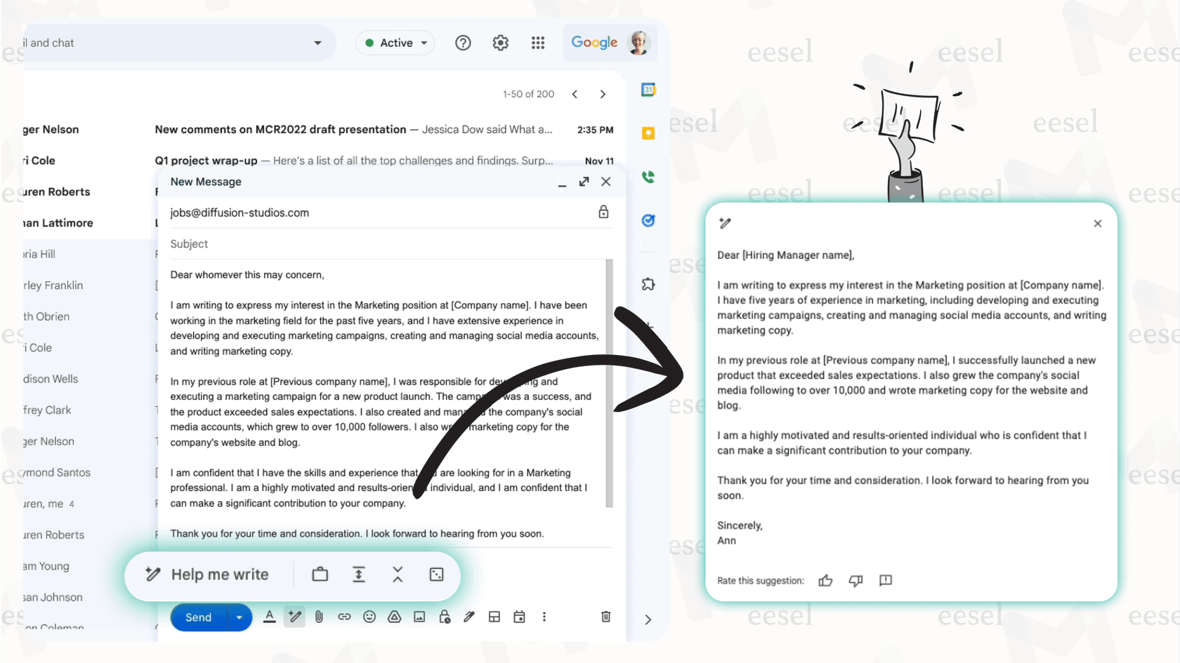 Screenshot showing Google Gemini features integrated into Gmail, displaying a suggested email reply, illustrating AI for Gmail assistance.