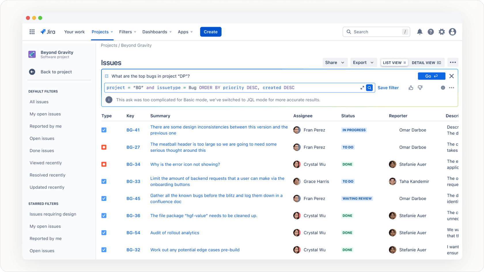 Jira Issue Navigator demonstrating natural language query translation to JQL using Jira AI.