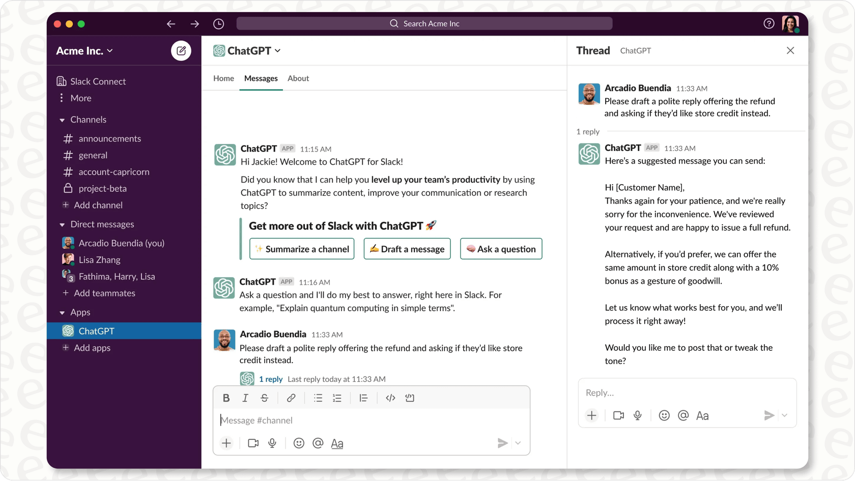 Screenshot showing ChatGPT bot summarizing a Slack thread, demonstrating general Slack AI integration capabilities.