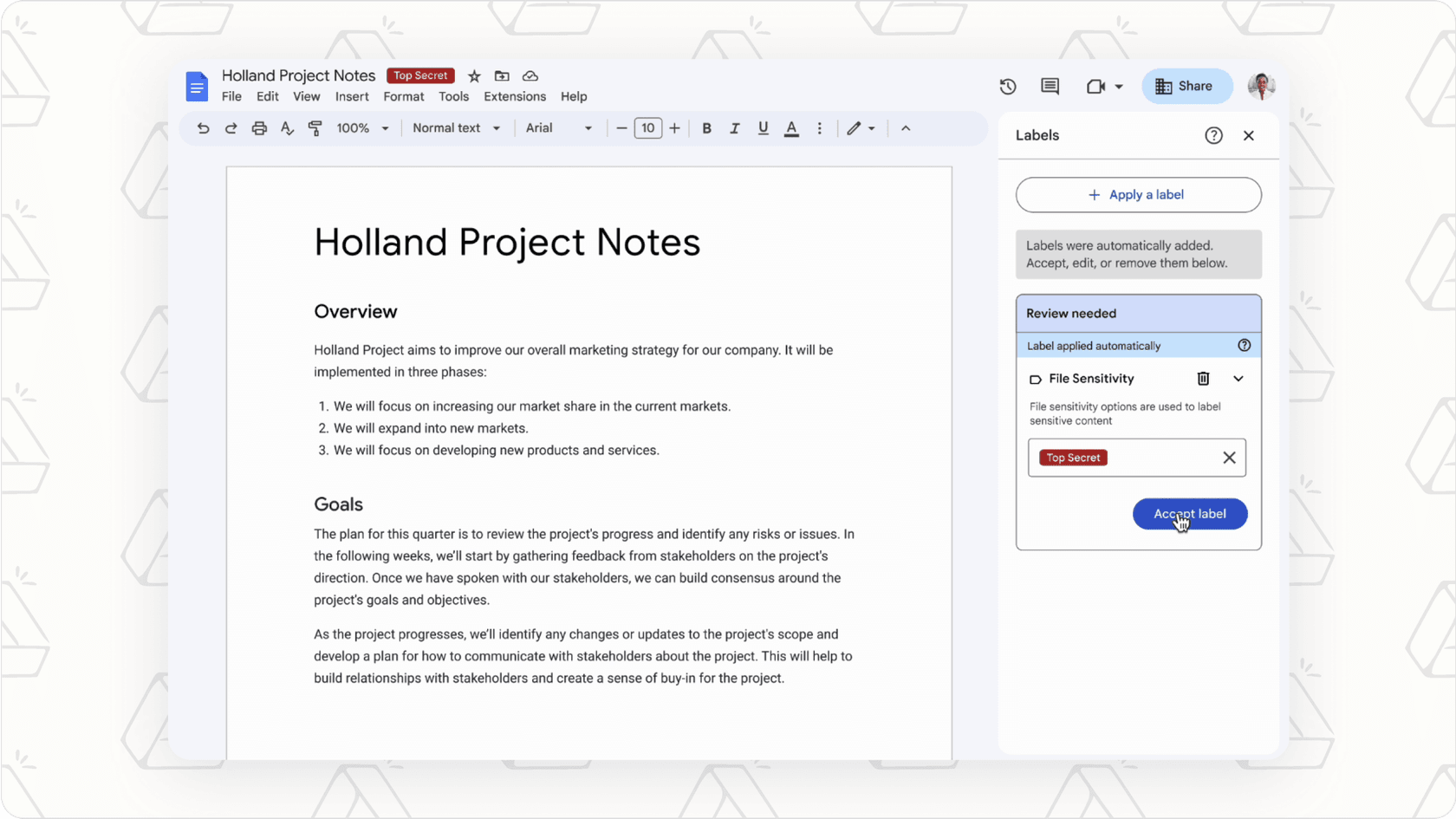 Screenshot of Google Drive AI Classification feature, showing automatic file sorting.