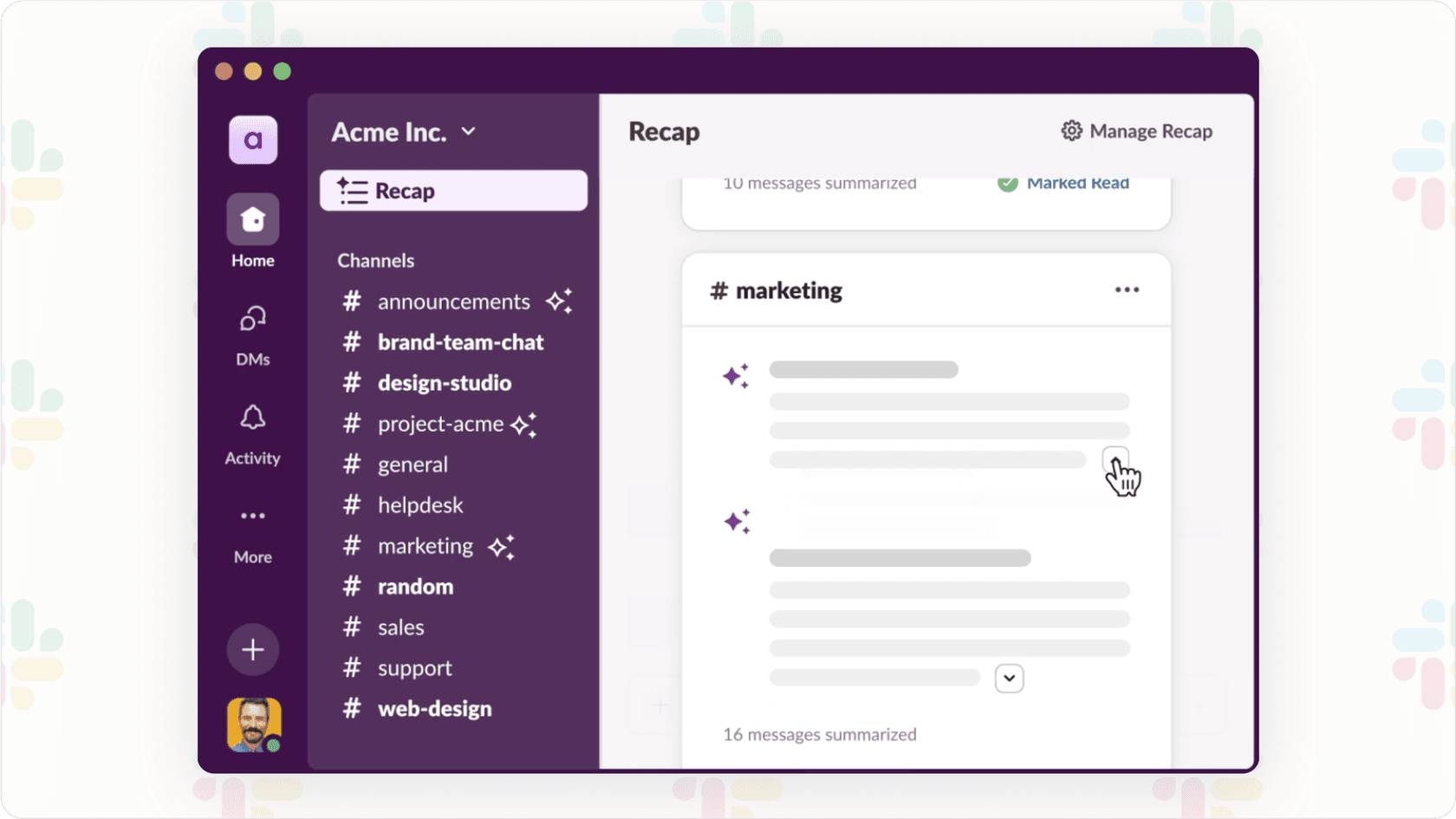 Screenshot showing a Slack message block containing a daily recap generated by Slack AI.