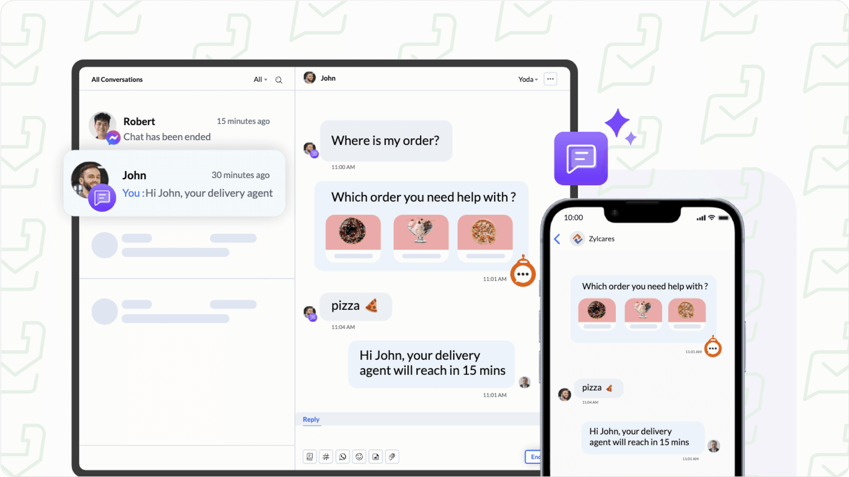 Screenshot of Zoho Desk Live Chat interface with AI suggestions, relevant to Zohodesk AI pricing.