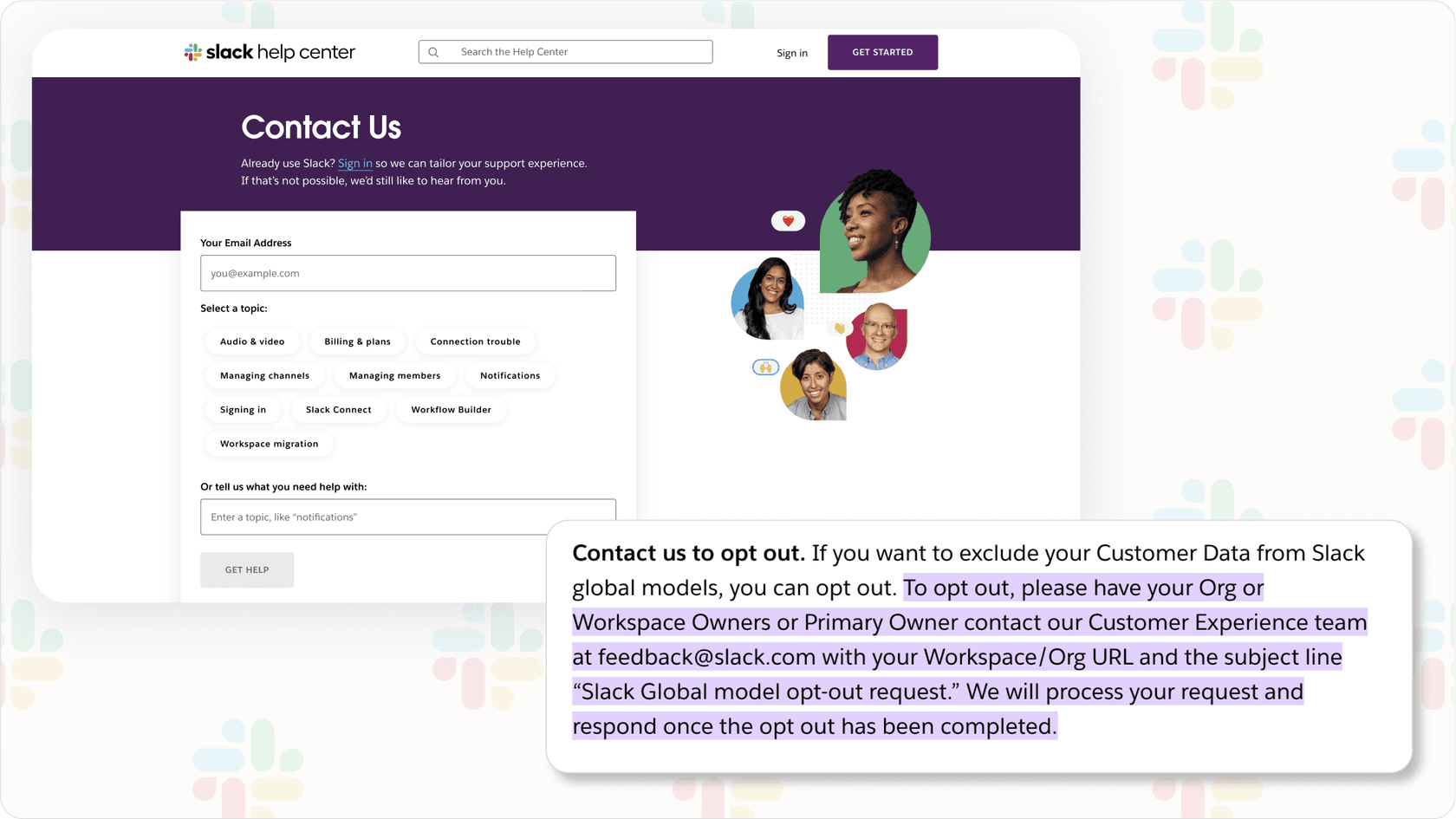 Screenshot of Slack support contact page for Slack AI training opt-out