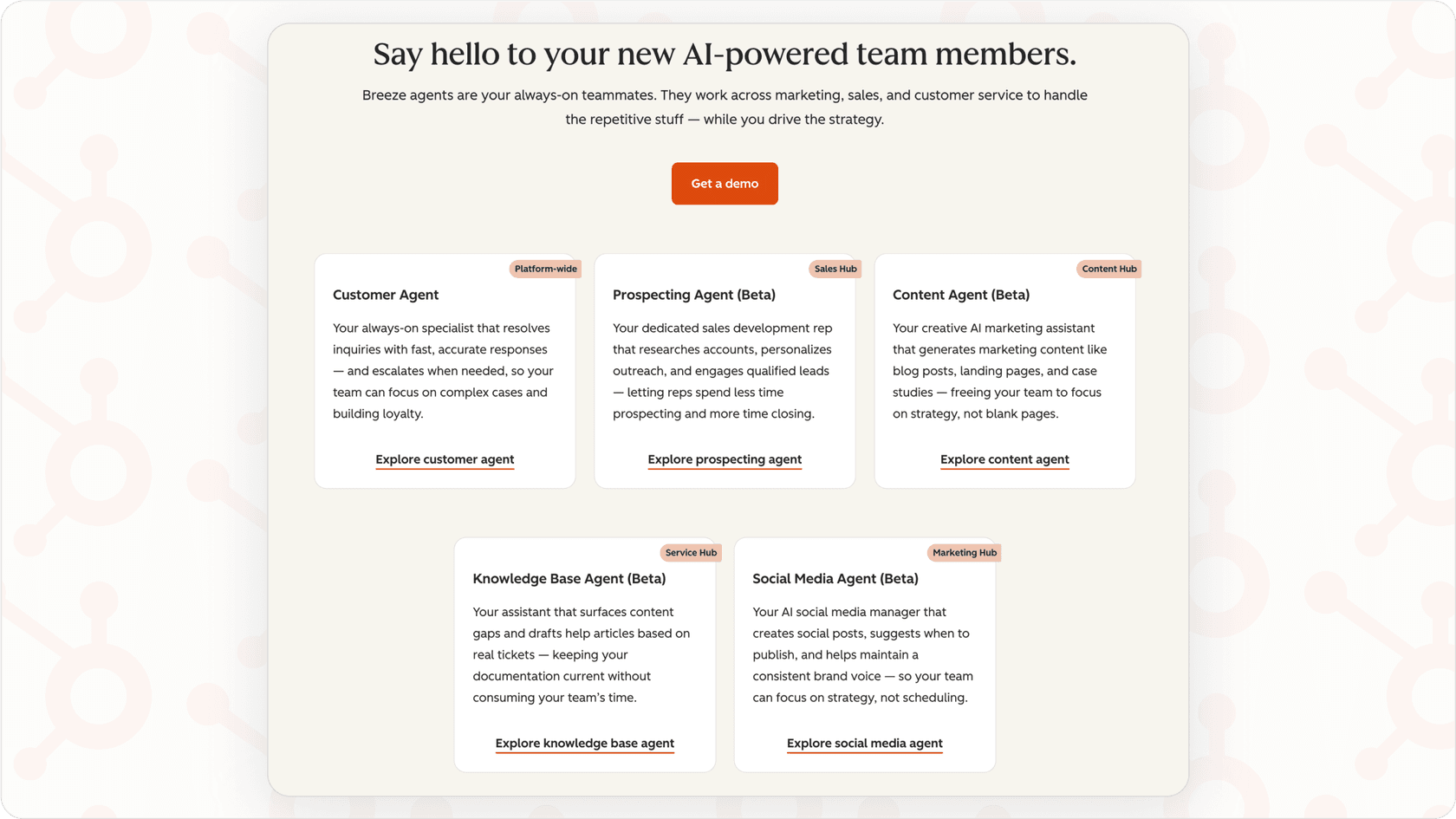 Screenshot displaying a list of different Breeze Agents available within the HubSpot platform, such as Customer Agent, Content Agent, Social Agent, and Prospecting Agent, part of Hubspot AI.